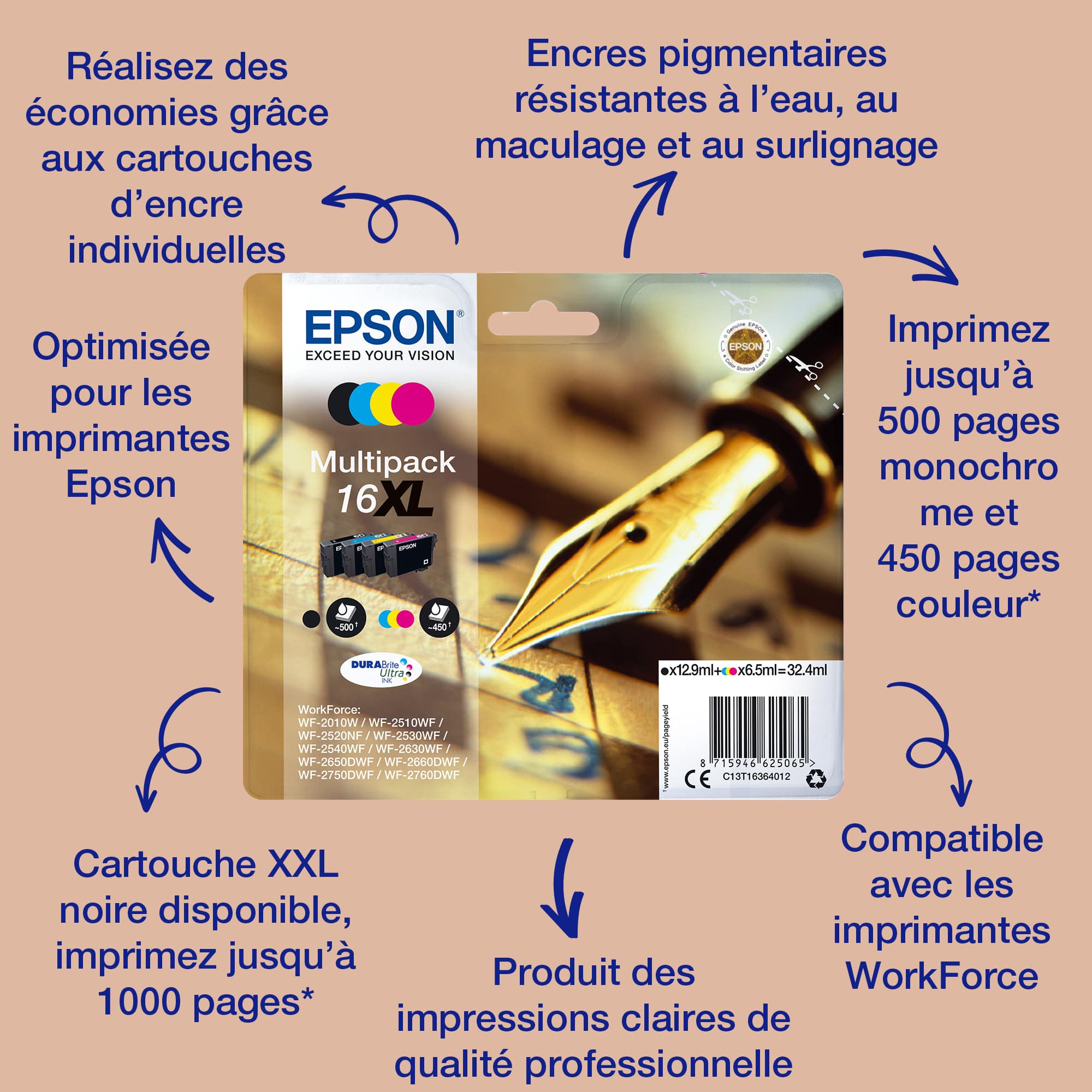 EPSON 16XXL - 21.6 ML - XL - NOIR - ORIGINAL - BLISTER - CARTOUCHE D'ENCRE - POUR WORKFORCE WF-2660DWF