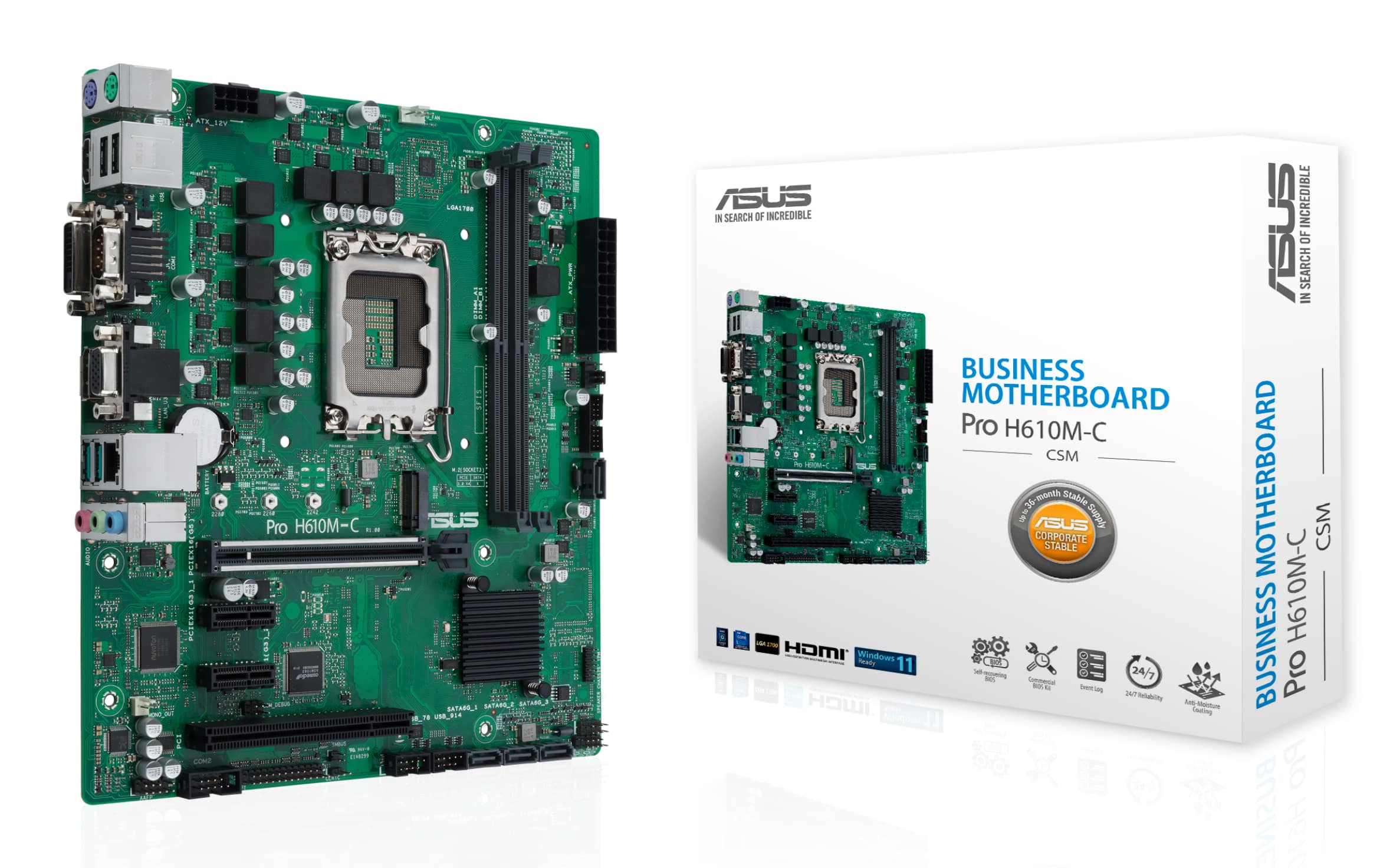 ASUS PRO H610M-C-CSM - CARTE-MÈRE - MICRO ATX - SOCKET LGA1700 - H610 CHIPSET - USB 3.2 GEN 1, USB 3.2 GEN 2 - GIGABIT LAN - CARTE GRAPHIQUE EMBARQUÉE (UNITÉ CENTRALE REQUISE) - AUDIO HD (8 CANAUX)