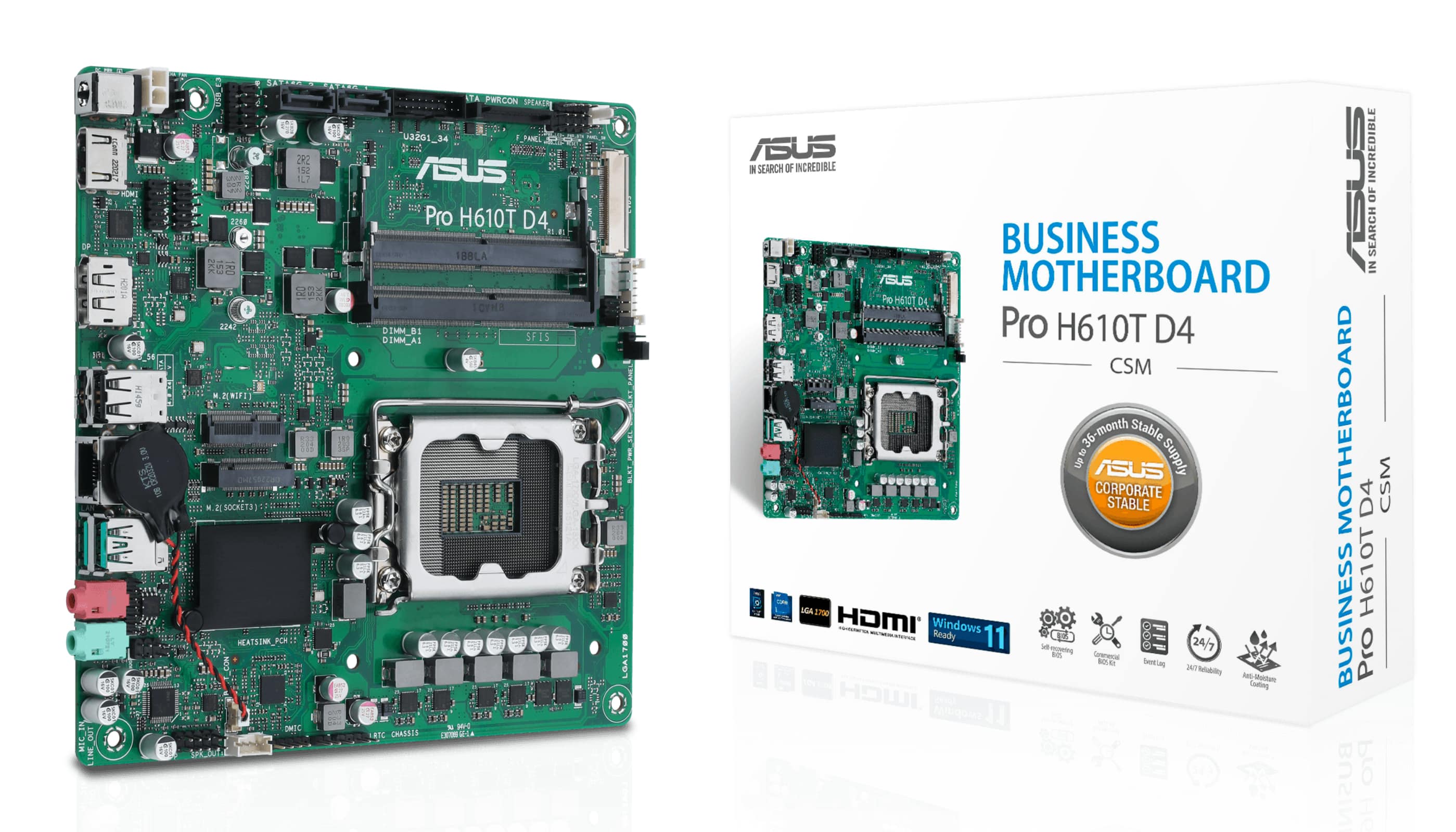 ASUS PRO H610T D4-CSM - CARTE-MÈRE - THIN MINI ITX - SOCKET LGA1700 - H610 CHIPSET - USB 3.2 GEN 1, USB 3.2 GEN 2 - GIGABIT LAN - CARTE GRAPHIQUE EMBARQUÉE (UNITÉ CENTRALE REQUISE) - AUDIO HD (8 CANAUX)